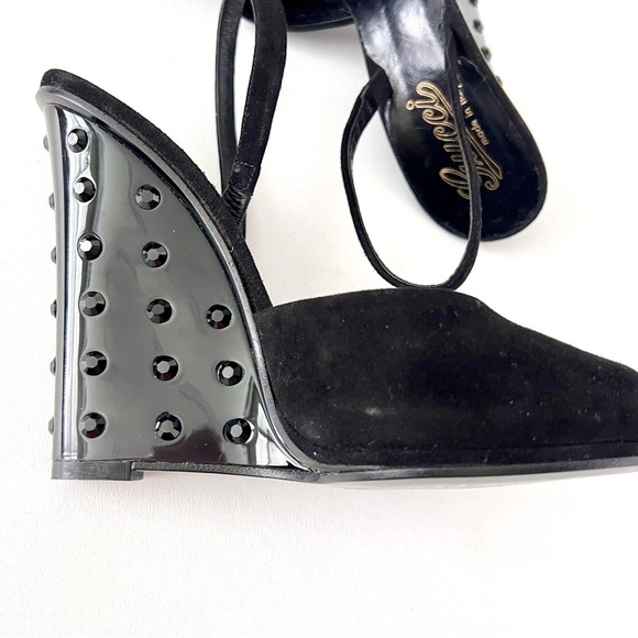 GUCCI | Black Suede Peep Toe Slingback Lucite Studded Wedge Heels Vintage 38.5 - Picture 11 of 13
